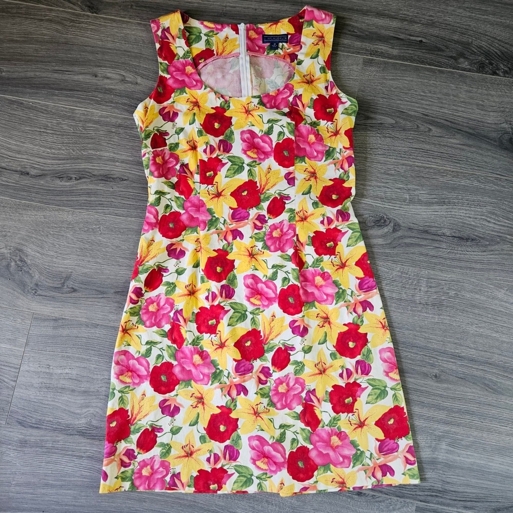 J. McLaughlin Floral Shift Dress Red Pink Yellow Sleeveless Tropical Size 10 USA